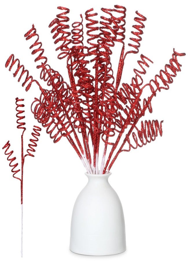 Suncalla 12 Pcs Red Christmas Glitter Curly Tree Picks and Sprays for Tree 11.81" Artificial Glitter Stem Pick and Twigs Decorations Xmas Vase Filler Ornaments Topper Branch for DIY Wreath - Image 1